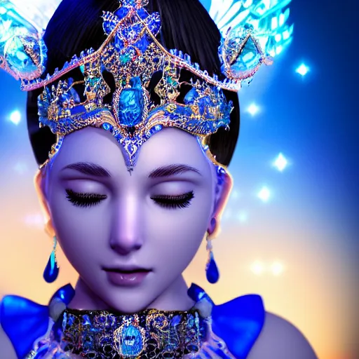 Image similar to photo of wonderful princess of sapphire with fair skin, she has her eyes closed, glowing, ornate and intricate blue jewelry, jaw dropping beauty, glowing background lighting, blue accent lighting, hyper detailed, award winning photography, 4 k octane render