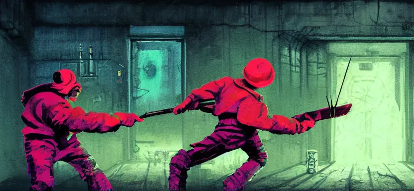 Prompt: handmade illustration of a duel with weapons in an industrial room, line art, octane render with volumetric lighting, miniatures by wes anderson, cedric peyraavernay, waste processing machinery, bladerunner, green and red radioactive swamp, by Remedios Varo and Anato Finnstark and Greg Rutkowski, dayglo pink, dayglo blue, by Craig Mullins, ilya kuvshinov, krenz cushart, artgerm, 8k, trending on ArtStation