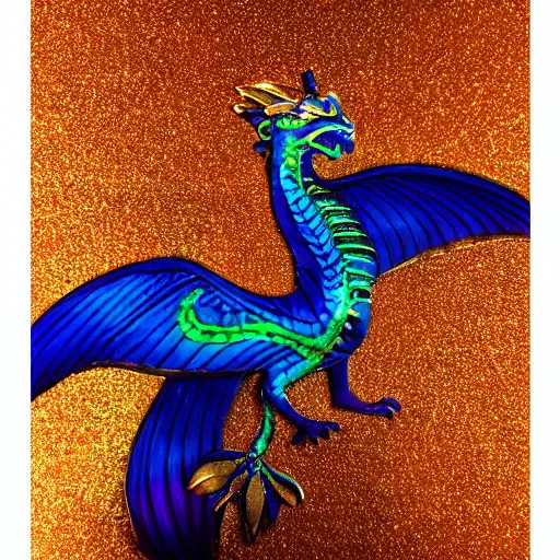 Prompt: indigo dragon with raven wings and holographic scales shimmering gold with deep orange background ultrarealistic 1 5 0 mpx