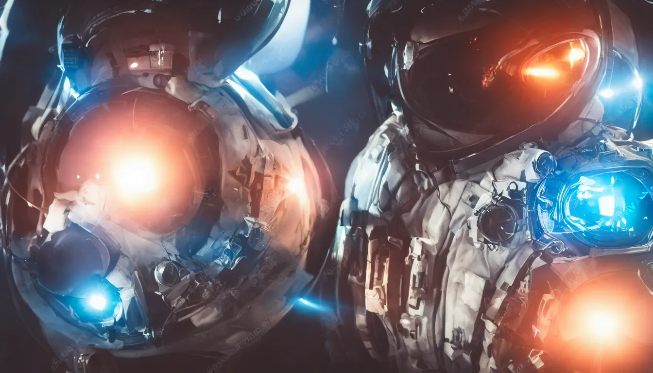 Image similar to photorealistic scene of one cyberpunk astronaut helmet with light reflection looking at space with cosmos background, extremely close shot, 8k, cinematic, epic