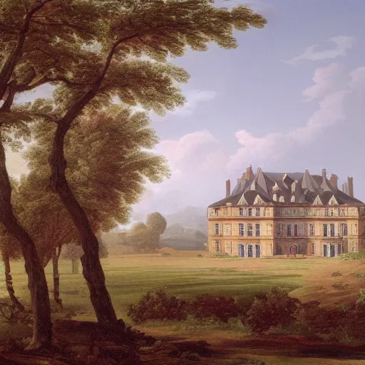 Image similar to a large serene beautiful matte painting of a delapitaded quaint french country castle in a state of disrepair, covered in vines, by asher brown durand and george ault featured on artstation