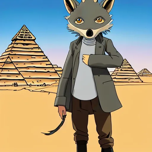 Prompt: a study of cell shaded cartoon of a mechanized grey jackal from howl's moving castle ( 2 0 0 4 ), in front of pyramids on a desert road, full body, wide shot, very muted colors, post grunge, studio ghibli, laurie greasley, highly detailed, deviantart, art by artgem