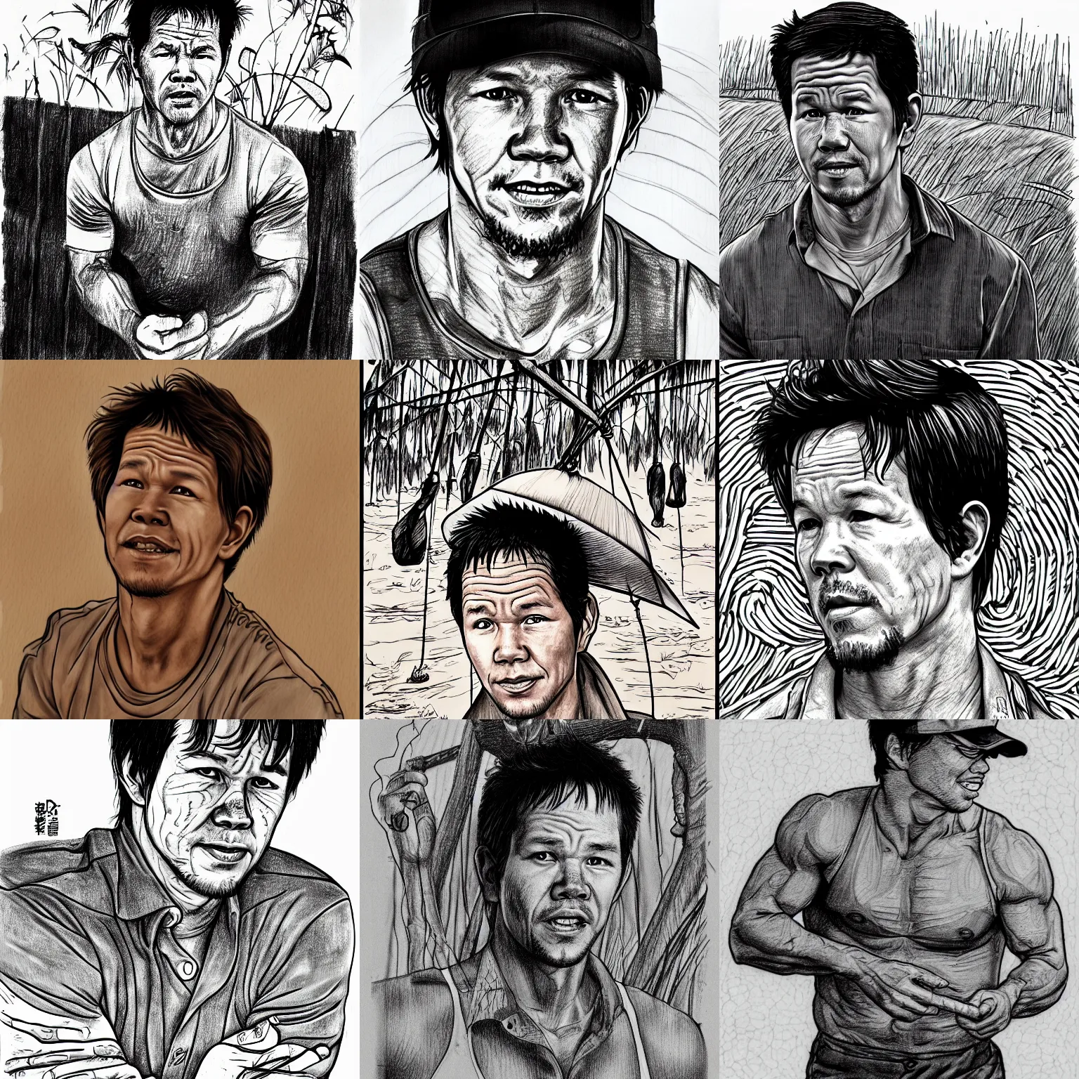 Prompt: drawing of mark wahlberg as a vietnamese farmer sweating under the hot sun, artwork by junji ito - 2 0 2 2, digital art, horror drawing, trending on artstation