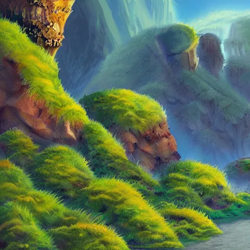 Image similar to digital painting of a lush natural scene on an alien planet. beautiful landscape. weird vegetation. cliffs and water. trending on artstation.