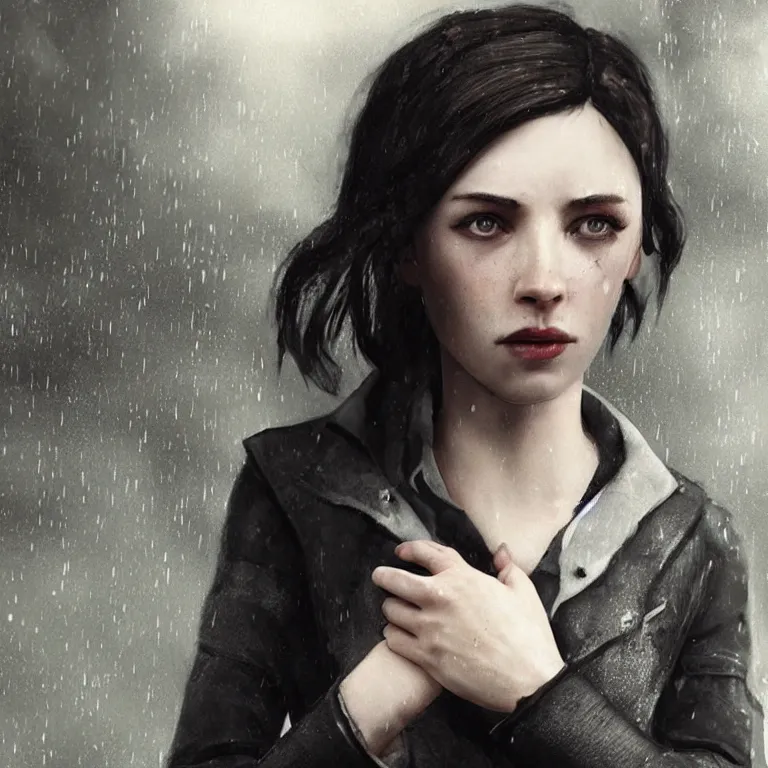 Image similar to cute emily from dishonored in dunwall city, beautiful face, pale skin, rule of thirds, cinematic lighting, rainy weather, melancholy atmosphere, sharp focus, backlit, stunning, model agency, smooth, hard focus, full body shot, instagram photo, shot on iphone 1 3 pro max, hyper realistic, cinematic