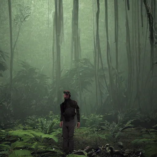 Image similar to a human Researcher standing in the rainforest, post-apocalypse, cinematic, photorealistic