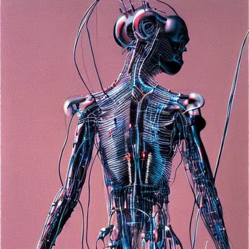 Prompt: a cyborg with wires and cables Bursting out of them painfully concept art by syd mead and Zdzisław Beksiński