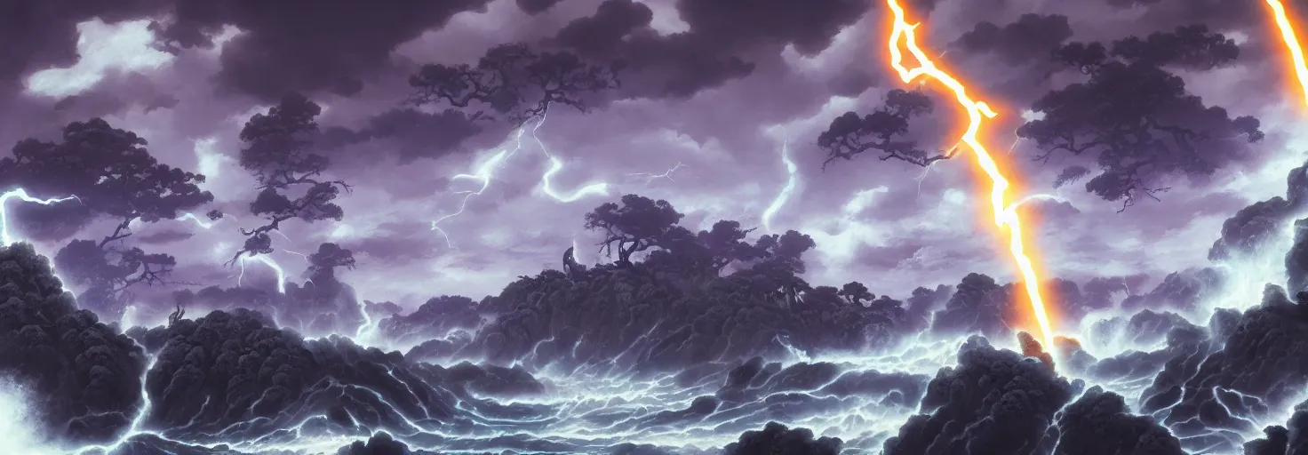 Image similar to mortal kombat location for duel atte painting, thunder, firestorm, gray color scheme, v - ray, houdini, blue, purple omnious sky, by hokusai, google, artstation