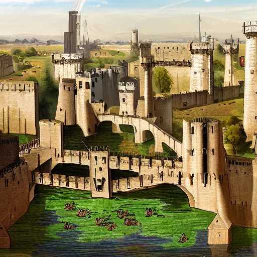 Prompt: concept painting of medieval city with four aluminum towers rise from its walls flanking seven gates with spring operated drawbridges that span the moat whose water feeds four green canals which cross the city, dividing it into nine quarters, each with three hundred houses and seven hundred chimneys, urbanism