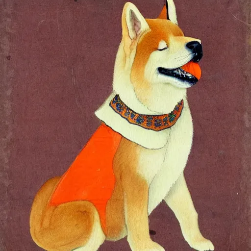 Image similar to female red akita inu dog dressed as a queen in an ornate dress with orange slices pattern, medieval painting