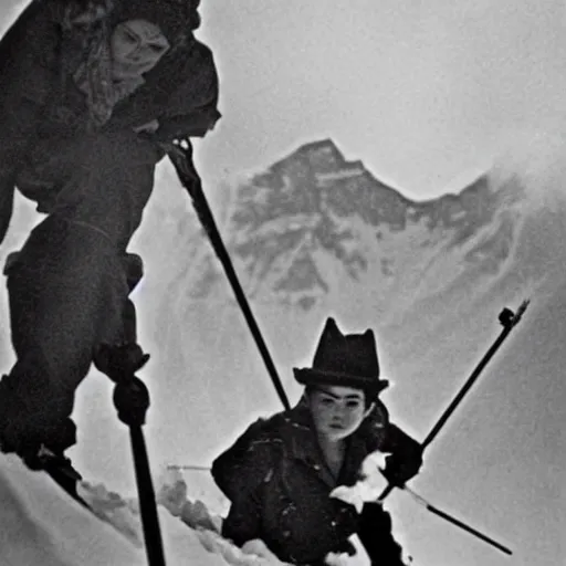 Image similar to b&w photo of Frida kahlo and Salvador Dali skiing down mount Everest