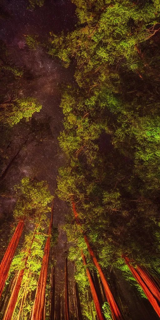 Image similar to numerous redwood trees faintly glowing with different colors in dark night jungle, wide angle shot, dslr hd details, highly detailed, 8K render