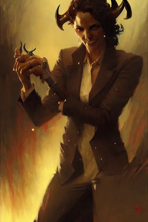 Prompt: well dressed woman in a suit with a sly smile and demon horns portrait dnd, painting by gaston bussiere, craig mullins, greg rutkowski, yoji shinkawa