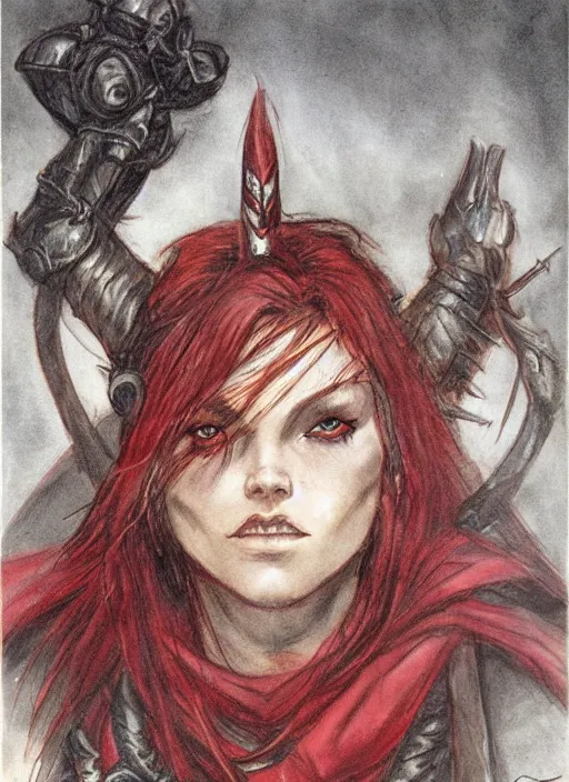 Prompt: portrait of strong female ranger, beautiful! coherent! dungeons and dragons character, by brian froud, strong line, deep color, leather armor, short red hair, high contrast