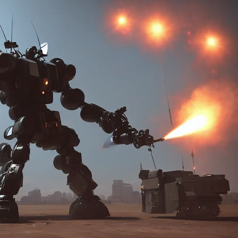 Image similar to Giant police mech fires rockets at helicopter, color, cinematic lighting, highly detailed, octane render