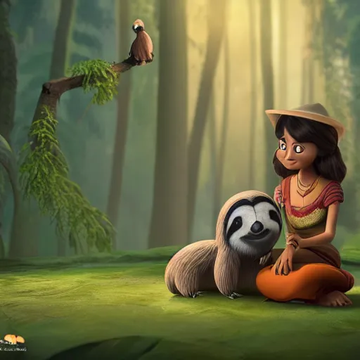 Image similar to a beautiful young indian cottagecore witch holds a cute sloth, traditional disney animation, highly detailed, still from movie, 8 k render