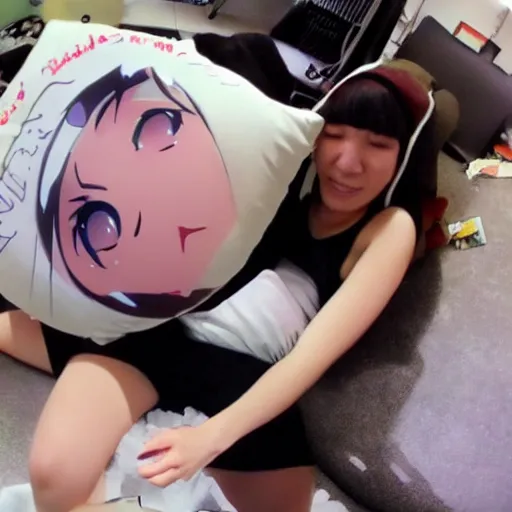 Image similar to pov, gopro footage, fisheye lens, hugging my waifu pillow