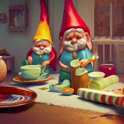 Prompt: a scandal in a gnome family, everyone breaks piles of dishes, hyperrealistic cinematic scene, expressive colors, octane render 8k