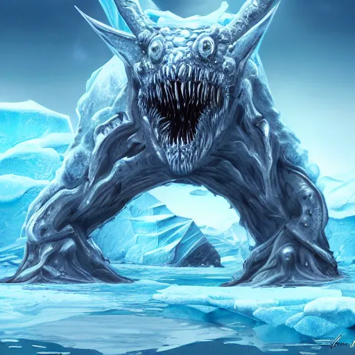 Image similar to ancient unknown eldritch creature rising from the ice, antarctica, digital art, realistic, detailed, artstation