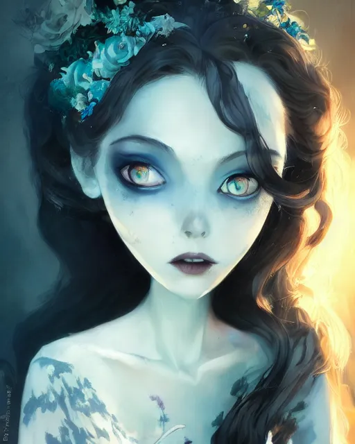 Prompt: still film, elegant mysterious gracious undead victoria everglot from the corpse bride if made by krenz cushart and wenjun lin, portrait, illustration, rim light, top light, summer clear blue sky, perfectly shaded, soft painting, epic, intricate, art