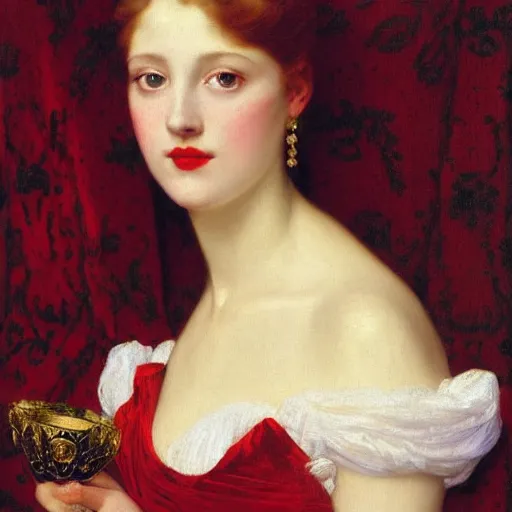 Image similar to a portrait of a young woman by Frank Cadogan Cowper, graceful gaze, victorian style, backdrop of a decorated french interior aristocratic room with golden decorations