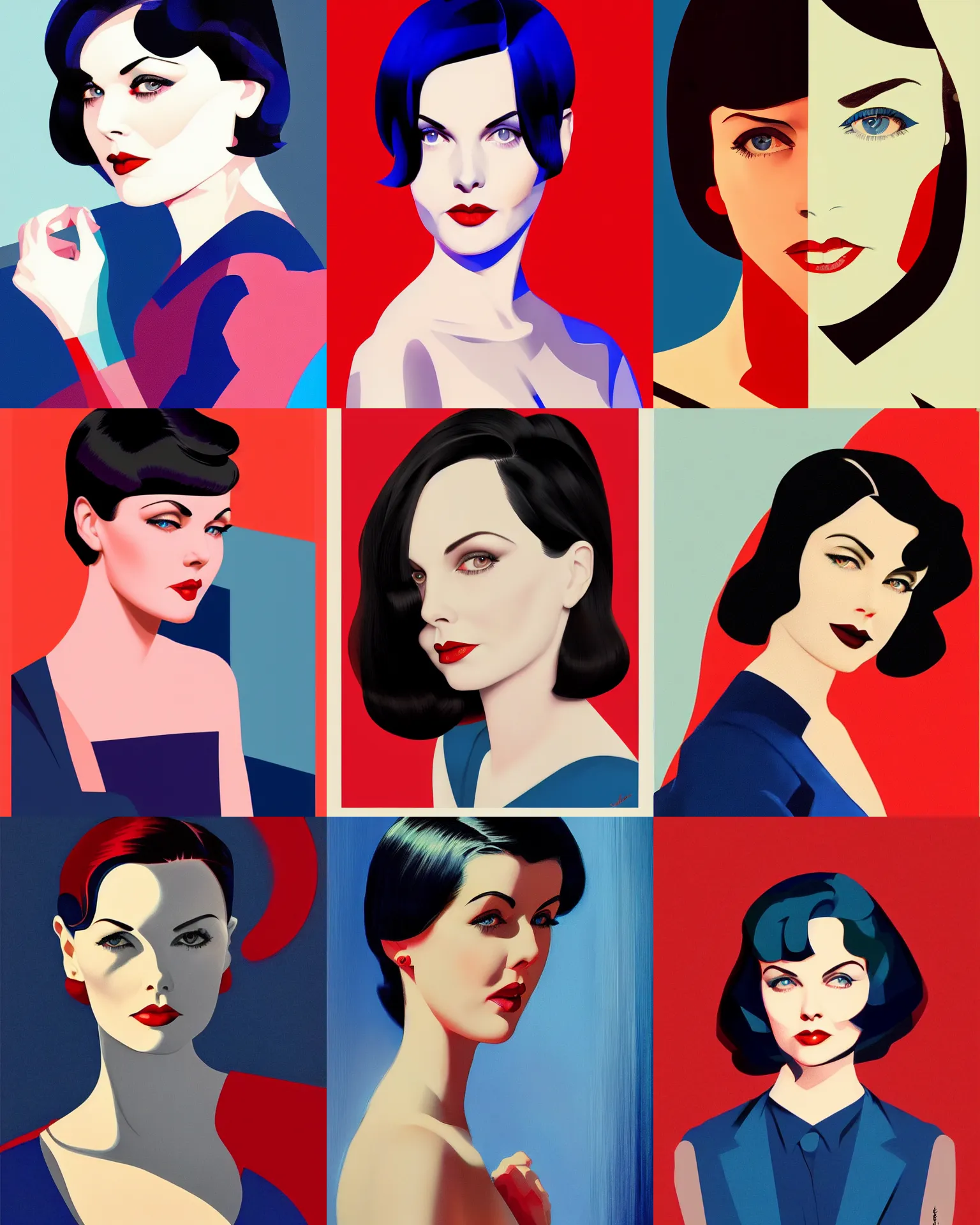 Prompt: sherilyn fenn 2 6 years old combined with mary louise brooks, bob haircut, portrait by stanley artgerm, dramatic lighting, ilya kuvshinov, trending on artstation, flat colour, geometric curves, gradient filter, red and blue back light, art deco pattern