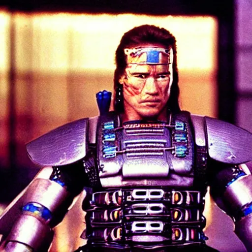 Prompt: schwarzenegger as cyberpunk samurai, 1 9 8 0 s movie still frame, art by ridley scott