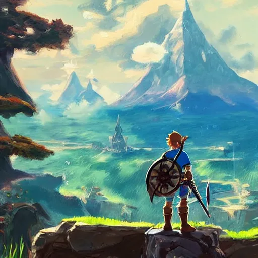 Prompt: oil painting breath of the wild landscape, mountain in the background. beautiful, rpg, dnd, artstation, artgerm, disney, pixar