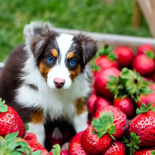 Image similar to a mini australian shepard wearing rubber boots while picking strawberries