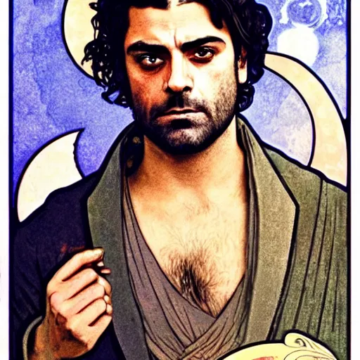 Prompt: oscar isaac portrait by louis - theophile hingre and alphonse mucha, realistic, sharp focus, zodiac signs, tarot cards, planets, ethereal, art nouveau, magic, moon, sun, crown, dreamy, royal, jewellery