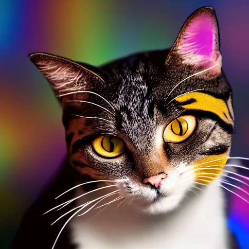 Image similar to a high - quality photo of a cat wearing a sequined designer cloak, hyperrealistic, textured, animal portrait, dark ( ( rainbow ) ), bokeh, f 2. 8