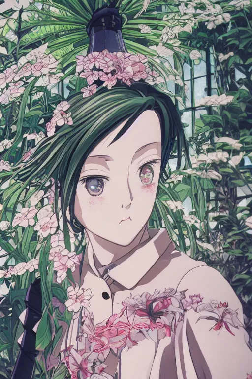 Prompt: Kodak portra 160, 8K, highly detailed, seinen manga 3/4 extreme closeup portrait, eye contact, focus on art nouveau suit, tilt shift Victorian anime greenhouse background: famous artist in zaha hadid anime remake, Dance scene