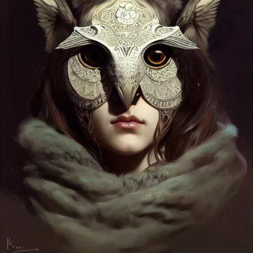 Image similar to A girl wearing an owl mask, face, detailed, intricate, elegant, highly detailed, digital painting, artstation, concept art, smooth, sharp focus, illustration, art by Krenz Cushart and Artem Demura and alphonse mucha