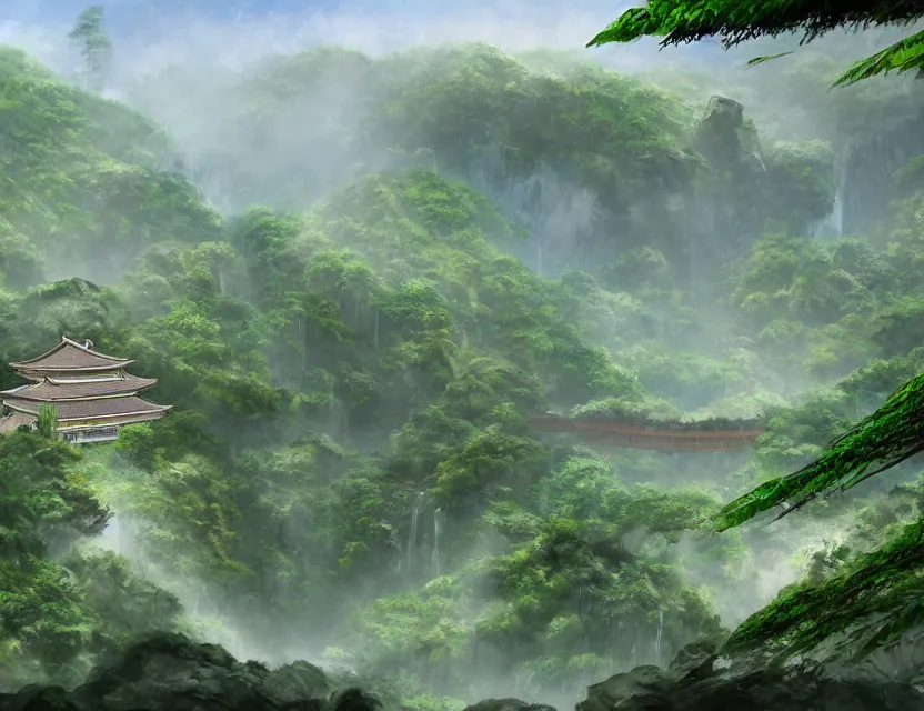 Prompt: a cinematic widescreen photo of many epic ancient japanese temples with a winding path and bridge to hot springs on the top of a mountain in a misty bamboo cloud forest with colossal waterfalls at dawn by studio ghibli and roger dean, terraced, mystical, trending on artstation