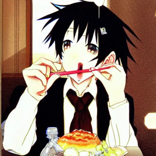 Image similar to illustration of anime girl smoking, black hair, wearing a tuxedo, made by Yoshitaka Amano