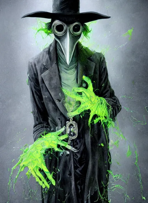 Image similar to a Demon Slayer portrait of a Plague Doctor, tall, pale-skinned, slender with lime green eyes, by Stanley Artgerm, Tom Bagshaw, Arthur Adams, Carne Griffiths, trending on Deviant Art, street art, face enhance, chillwave, maximalist, full of color, glittering