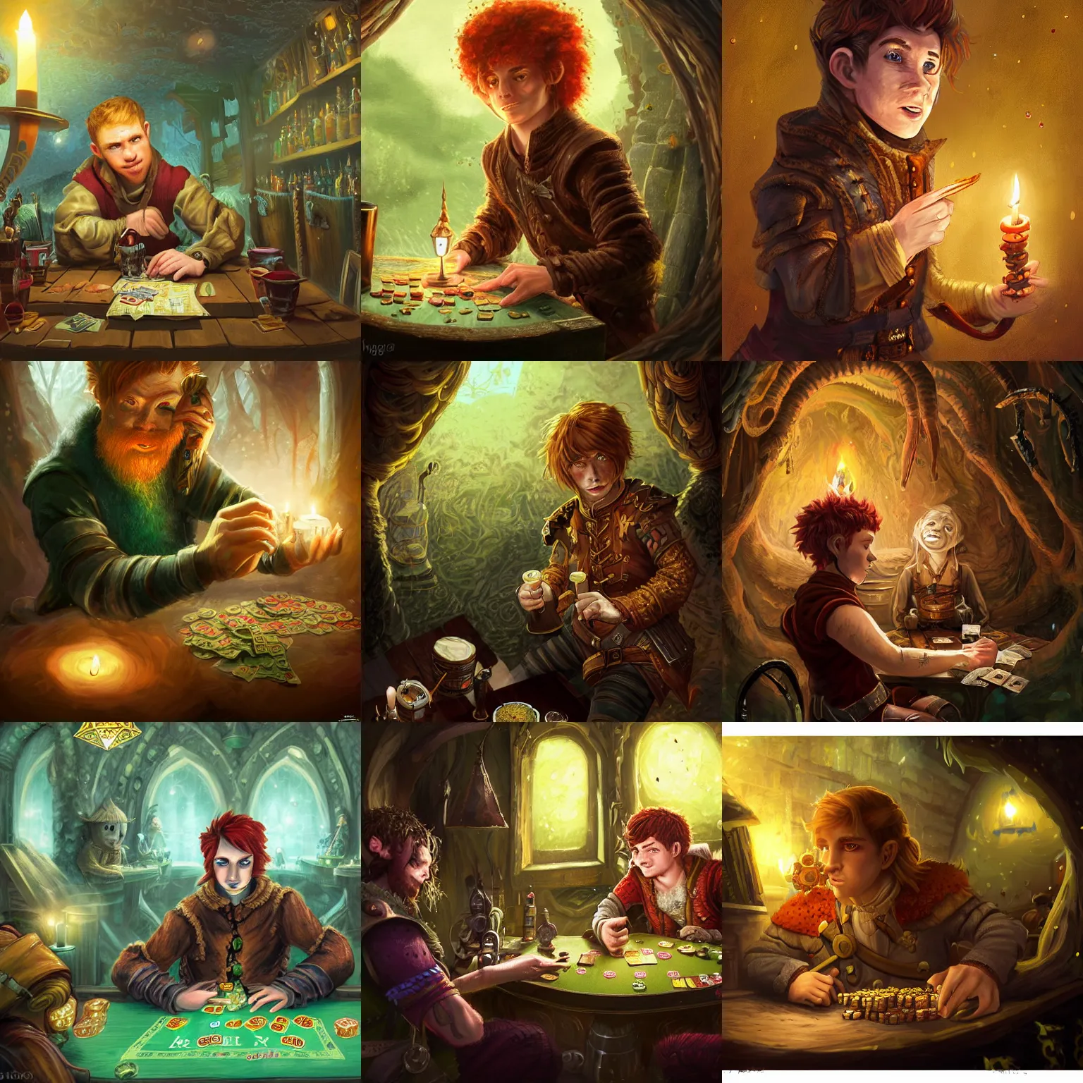 Prompt: 8k ultra high detailed illustration by Anato Finnstark of a 22 year old halfling male bard character with freckles from dungeons and dragons, rolling dice, gambling, red hair, freckles!!!!!!!, ultra wide shot, green and brown clothes, crowded inn in the background, cozy candlelight, depth of field, multiple patrons drinking ale in the background