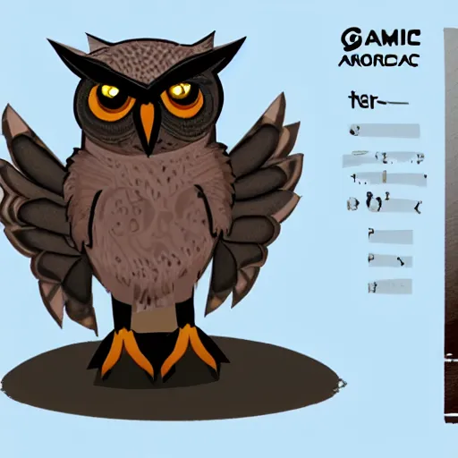 Prompt: game character andromorphic owl in the style of royalabc