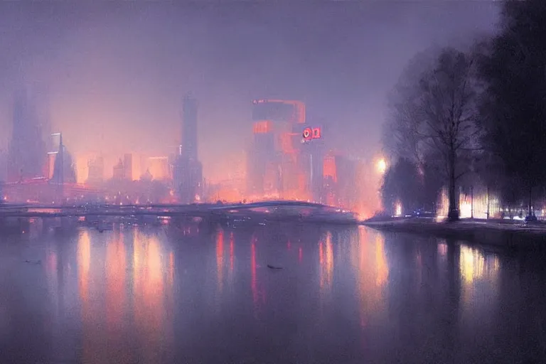 Image similar to Kyiv on Dnieper river, neon lighting, night city, digital art from artstation by Ruan Jia and Mandy Jurgens and Artgerm and william-adolphe bouguereau and Greg Rutkowski and Wayne Barlowe