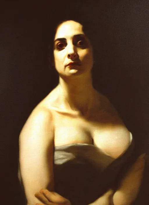 Prompt: unnerving realistic oil painting portrait of laura fraser by francisco de goya, realistic, dramatic backlighting