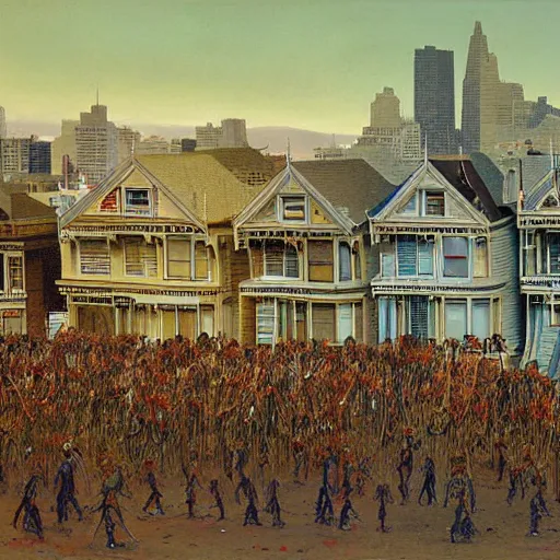 Image similar to painted ladies in san francisco swarmed by an army of zombies. painting by michael walen and bruce pennington.