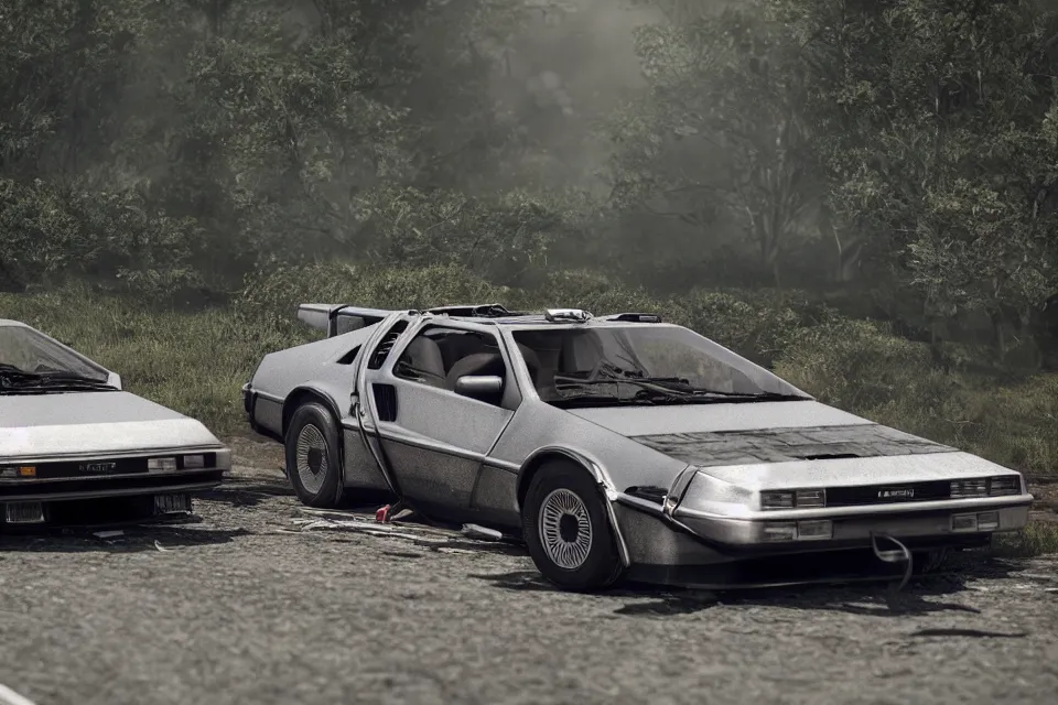 Image similar to ultra realistic delorean ae 8 6 drifting on touge highway wreckage, photo from space, dark cinematic, volumetric, realistic, 3 d render, realistic render, cinematic lighting, volumetric lighting, atmospheric, cinematic, unreal engine 5, unreal engine render, octane render, hd, photorealism, hyper realistic, 8 k