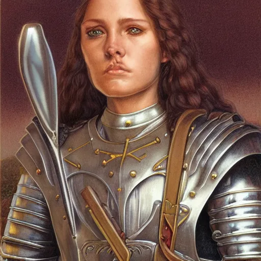 Image similar to joan of arc portrait by Larry Elmore and John Howe and Alan Lee, trending on ArtStation, detailed, realistic