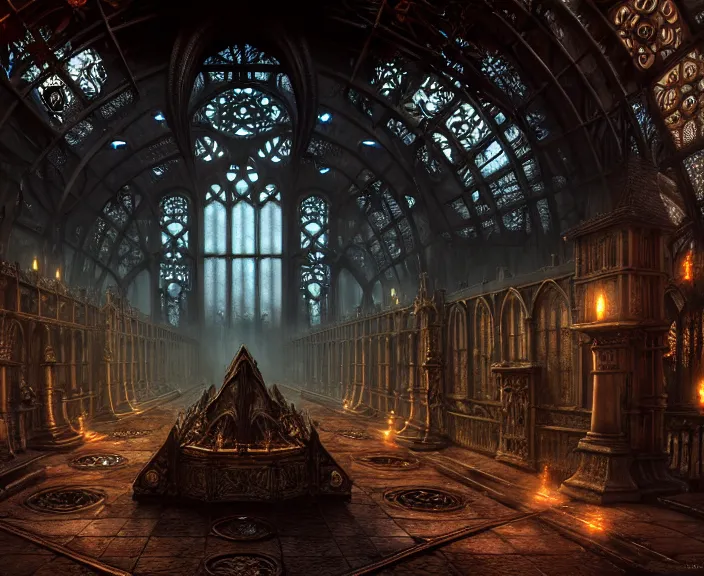 Image similar to steam necropolis, memento mori, gothic, neo - gothic, art nouveau, hyperdetailed copper patina medieval icon, stefan morrell, philippe druillet, ralph mcquarrie, concept art, steampunk, unreal engine, detailed intricate environment, octane render, moody atmospherics, volumetric lighting, ultrasharp, ominous, otherworldly