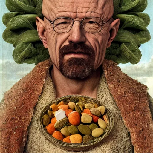 Image similar to giuseppe arcimboldo, walter white, new scifi movie, film still, seeds, legumes