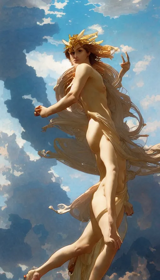 Prompt: goddess helios descending from olympus, artstation, concept art, smooth, sharp focus, illustration, art by artgerm and greg rutkowski and alphonse mucha and william adolphe bouguereau and john william waterhouse