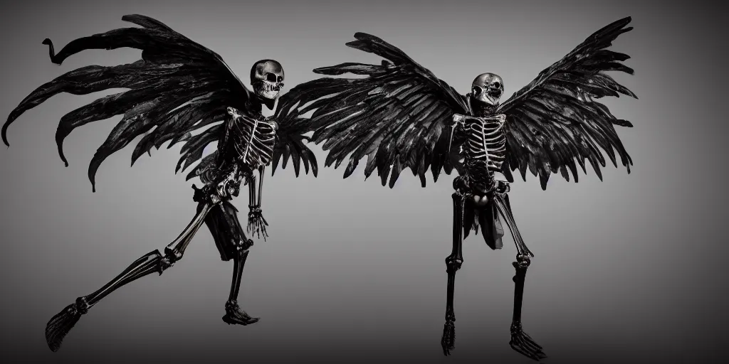 Prompt: mysterious fantasy winged creature skeleton, studio photography, 4 k, dark black background, harsh lighting