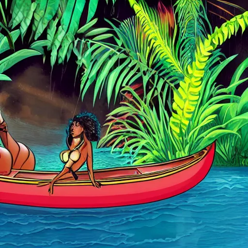 Prompt: a brown-skin woman lying down in a canoe that is floating down a river on an alien planet, in the background is lush alien jungle, detailed face background detail, graphic novel,