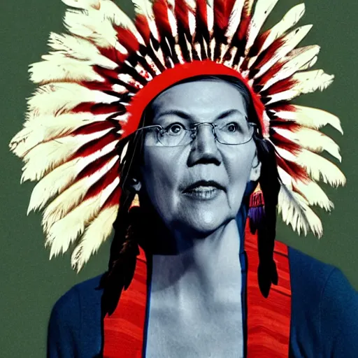 Image similar to the american indian elizabeth warren in a war bonnet lamenting to the the fake news press she is not a man