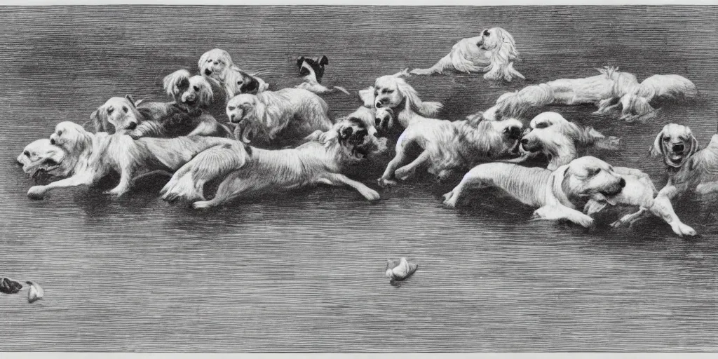 Image similar to a flat illustration of dogs swimming in a wide pool, vaudevillian, from 1890, detailed, vignette, high quality scan, yellowish, greenish